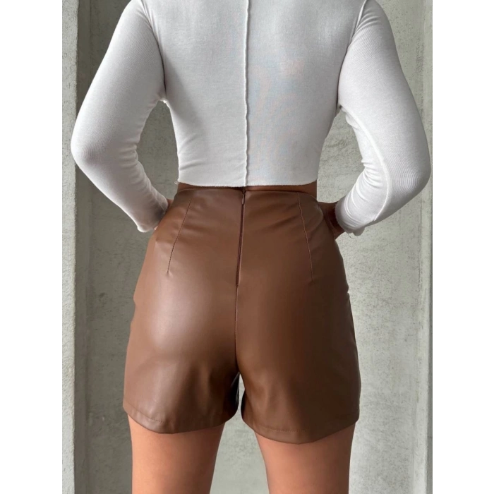 TAVSİYE EDİLEN GÜVENLİ SATICI Parçalı cepli deri şort taba w26312
