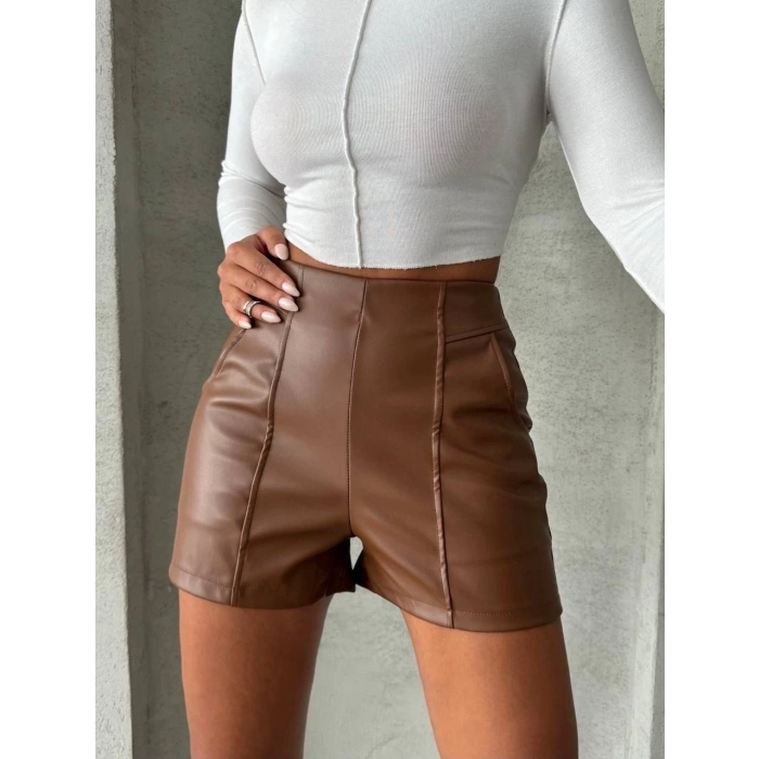 TAVSİYE EDİLEN GÜVENLİ SATICI Parçalı cepli deri şort taba w26312