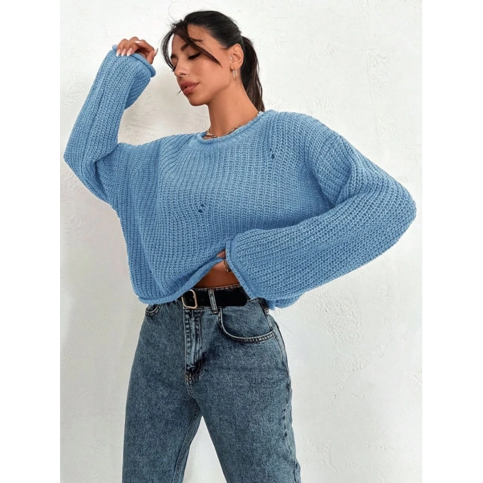 TAVSİYE EDİLEN GÜVENLİ SATICI Salaş delik detaylı kazak mavi