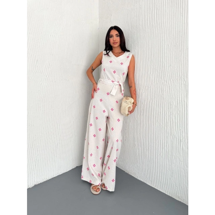 TAVSİYE EDİLEN GÜVENLİ SATICI Sırt dekolteli keten beyaz tulum S1036