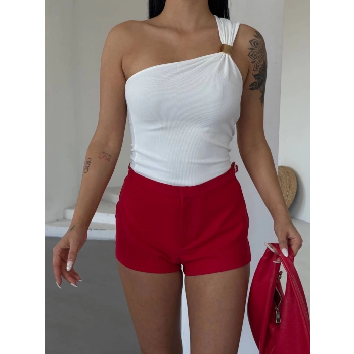 TAVSİYE EDİLEN GÜVENLİ SATICI Tek omuzlu Otoman kumaş gold metal detaylı bluz s2311