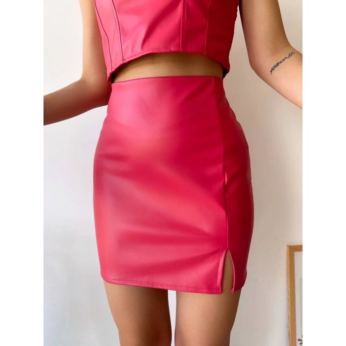 TAVSİYE EDİLEN GÜVENLİ SATICI Tek yırtmaçlı arkadan fermuarlı deri etek fuşya s24475