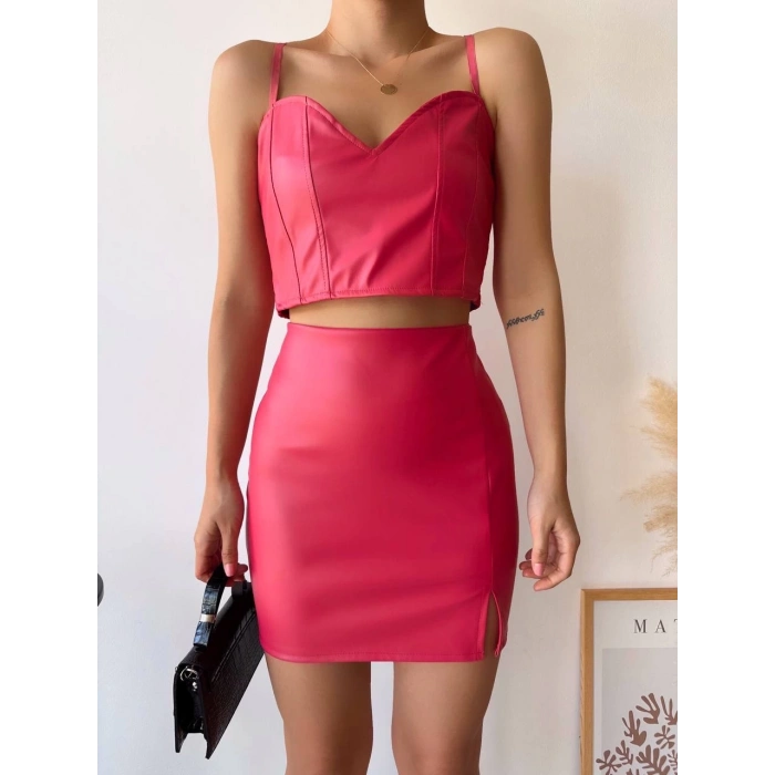 TAVSİYE EDİLEN GÜVENLİ SATICI Tek yırtmaçlı arkadan fermuarlı deri etek fuşya s24475