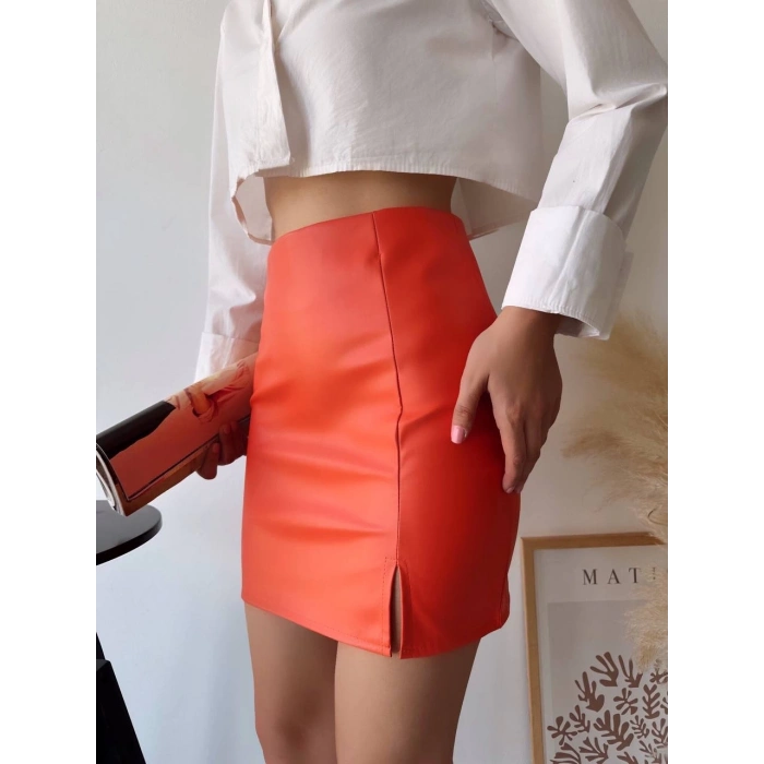 TAVSİYE EDİLEN GÜVENLİ SATICI Tek yırtmaçlı arkadan fermuarlı deri etek turuncu s24475