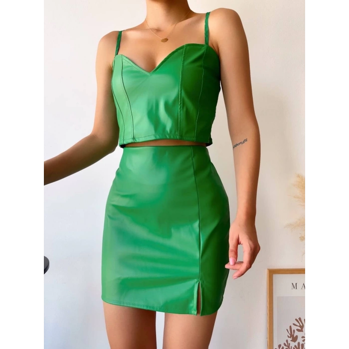 TAVSİYE EDİLEN GÜVENLİ SATICI Tek yırtmaçlı arkadan fermuarlı deri etek yeşil s24475