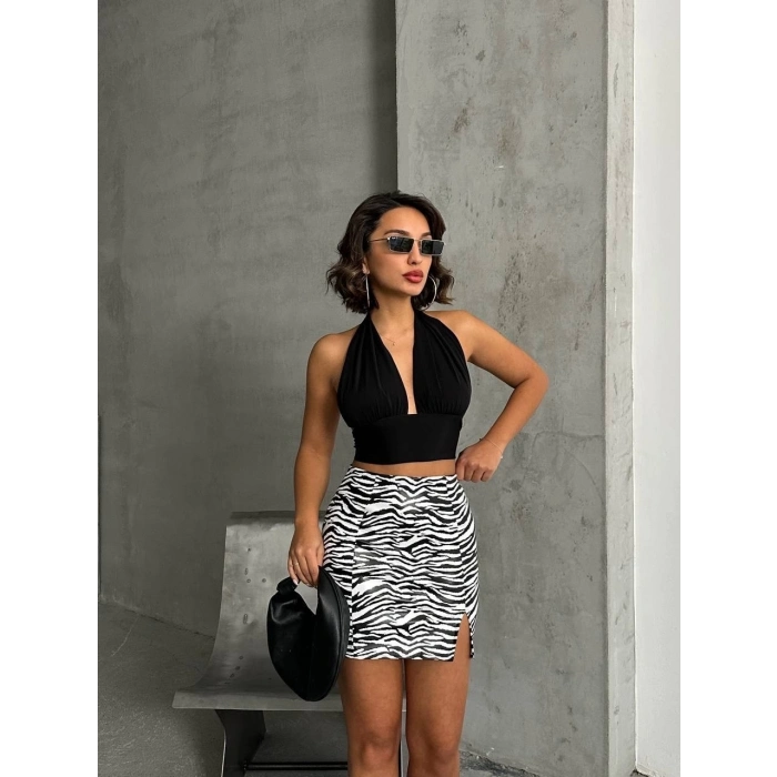 TAVSİYE EDİLEN GÜVENLİ SATICI Tek yırtmaçlı zebra desenli deri etek beyazsiyah w24475-S
