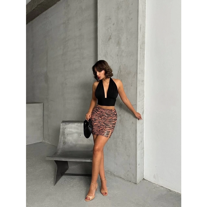 TAVSİYE EDİLEN GÜVENLİ SATICI Tek yırtmaçlı zebra desenli deri etek kahvesiyah w24475-S