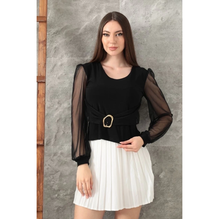 TAVSİYE EDİLEN GÜVENLİ SATICI Tokalı tül kollu bluz siyah t4071