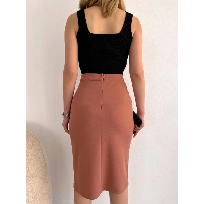 TAVSİYE EDİLEN GÜVENLİ SATICI Uzun midi boy yırtmaçlı etek somon s24907