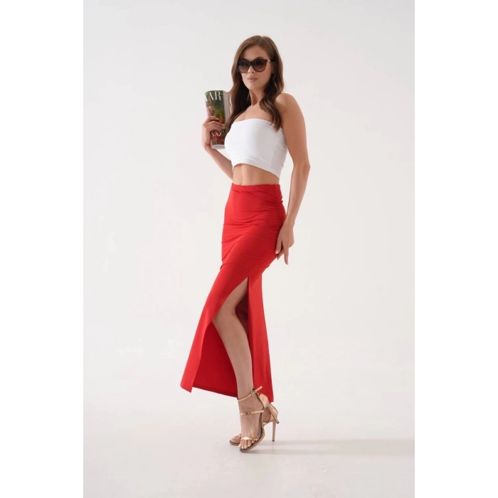 TAVSİYE EDİLEN GÜVENLİ SATICI Uzun yırtmaçlı ince kumaş etek kırmızı