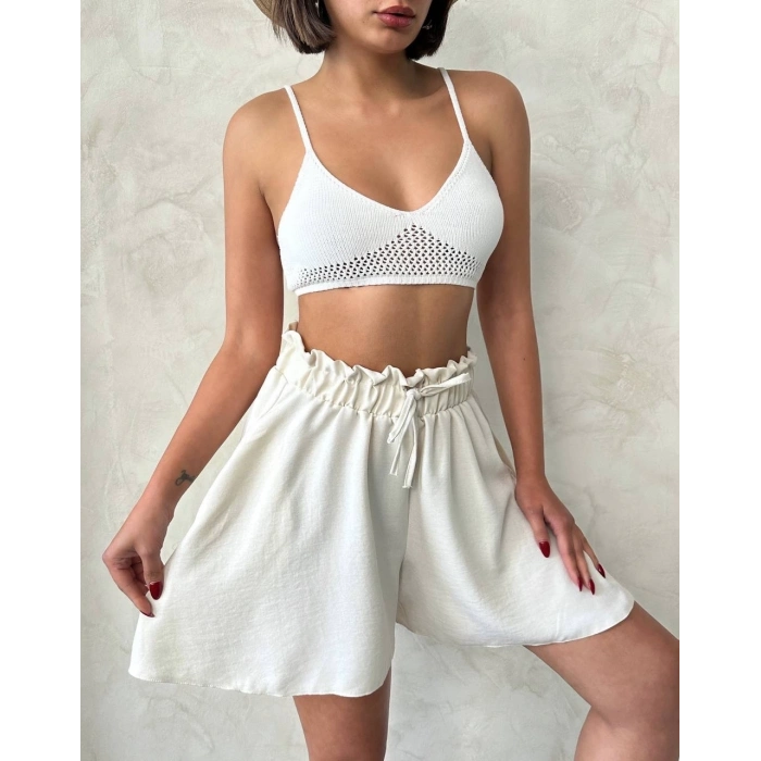 TAVSİYE EDİLEN GÜVENLİ SATICI Volanlı keten şort bej s255058