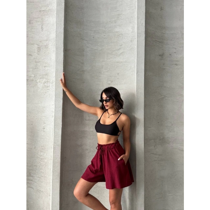 TAVSİYE EDİLEN GÜVENLİ SATICI Volanlı keten şort bordo s255058