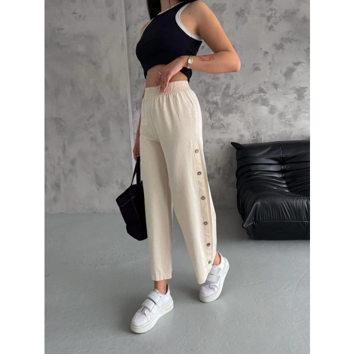 TAVSİYE EDİLEN GÜVENLİ SATICI Yan Düğmeli Bol Paça Lastikli Yazlık Pantolon