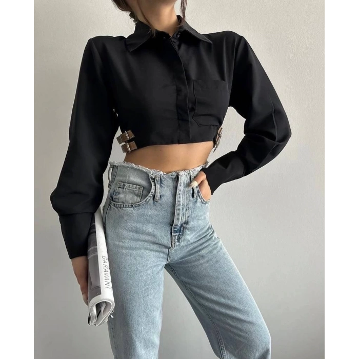 TAVSİYE EDİLEN GÜVENLİ SATICI Yanı kemer detaylı crop gömlek siyah s4009