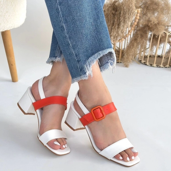 TAVSİYE EDİLEN GÜVENLİ SATICI Year Beyaz Cilt Turuncu Detaylı Beyaz Topuklu Ayakkabı