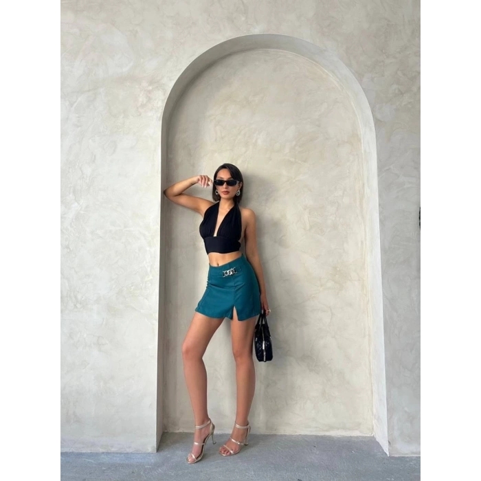 TAVSİYE EDİLEN GÜVENLİ SATICI Zincirli şort etek petrol yeşili s24676
