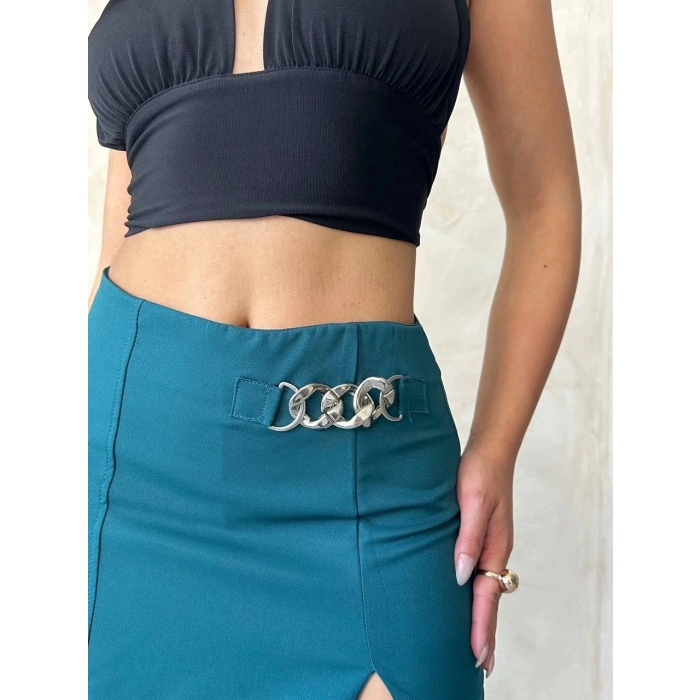 TAVSİYE EDİLEN GÜVENLİ SATICI Zincirli şort etek petrol yeşili s24676