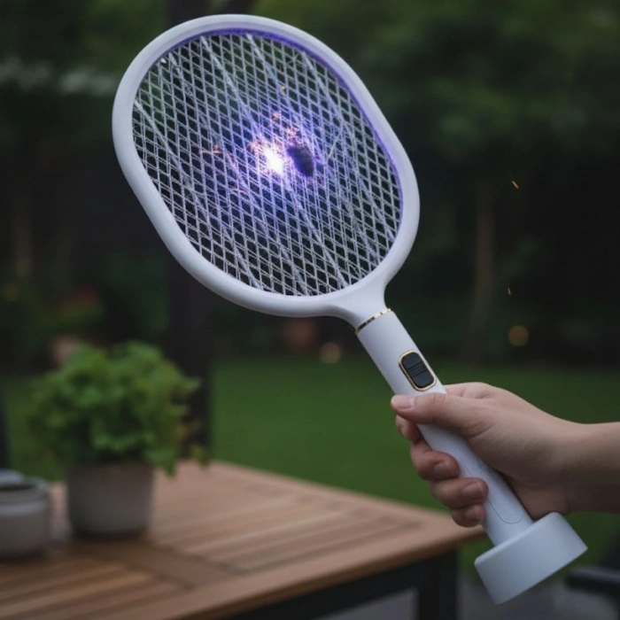 USB Şarjlı Beyaz Renk Kendiliğinden Standlı Şarj Göstergeli UV Işıklı Sinek Öldürme Raketi LTD-718