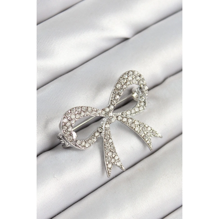 Üzeri Zirkon Taşlı Fiyonk Figürlü Gümüş Renk Kadın Broş