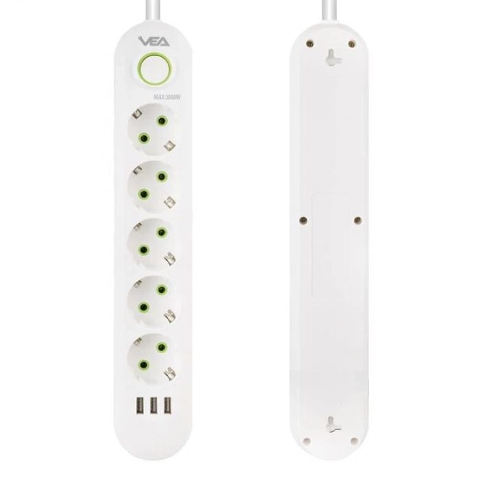 Vea Va-21562 5li 3 Usbli 1.5 Metre Akım Korumalı Priz Beyaz