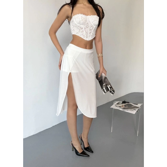 ÇOK SATAN  Çepli Şortlu Yırtmaçlı Etek - Beyaz -