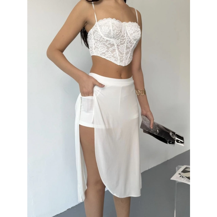 ÇOK SATAN  Çepli Şortlu Yırtmaçlı Etek - Beyaz -