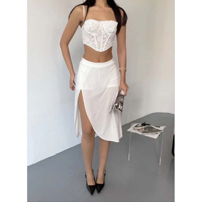 ÇOK SATAN  Çepli Şortlu Yırtmaçlı Etek - Beyaz -
