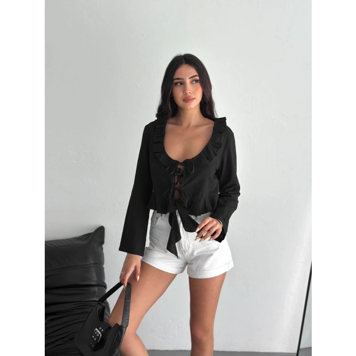 ÇOK SATAN  Keten Uzun Kol Bağacık Detaylı Bluz - Siyah -