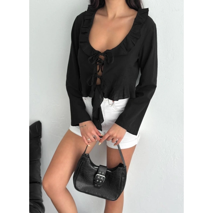 ÇOK SATAN  Keten Uzun Kol Bağacık Detaylı Bluz - Siyah -