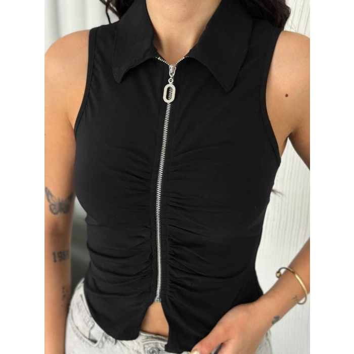 ÇOK SATAN  Yakalı Tam Fermuarlı Kolsuz Bluz - Siyah -