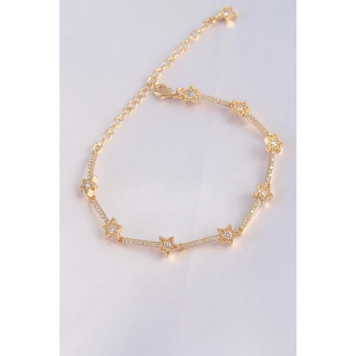 Vip Seri Pirinç Zirkon Taşlı Gold Renk Halley Model Bileklik