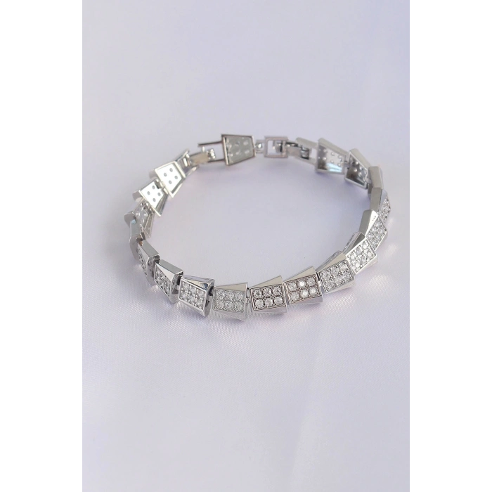 Vip Seri Pirinç Zirkon Taşlı Gümüş Renk Geometrik Bileklik