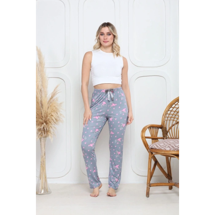 Viskon likralı alt pijama gri üzerine pembe kelebek baskı desenli q6018