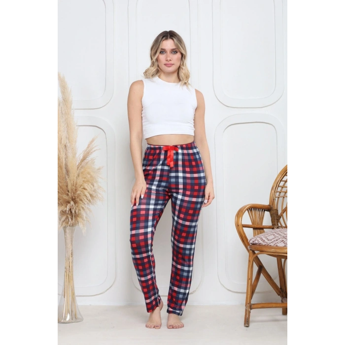 Viskon likralı alt pijama küçük ekose baskı desenli q6018