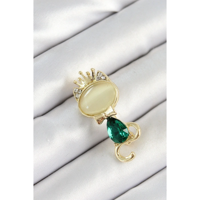 Yeşil Damla Zirkon Taşlı Kraliçe Taçlı Kedi Figürlü Gold Renk Kadın Broş