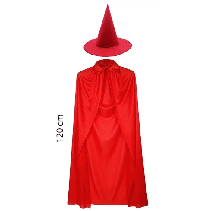 Yetişkin Boy Kırmızı Yakalı Pelerin ve Kırmızı Cadı Şapkası