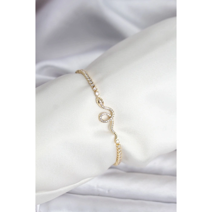 Yılan Model Zirkon Taşlı Gold Renk Pirinç Su Yolu Kadın Bileklik