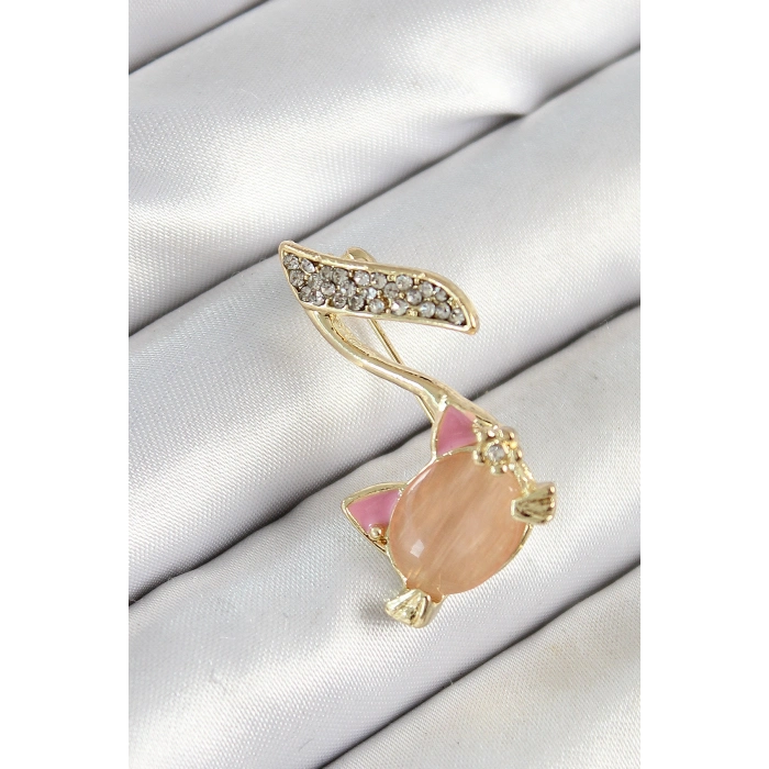 Zirkon Taşlı 3D Kedi Detaylı Nota Figürlü Gold Renk Kadın Broş