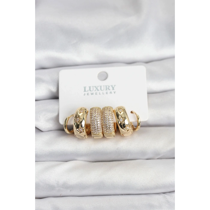 Zirkon Taşlı Pirinç Gold Renk Halka Kadın Küpe Seti