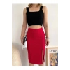 Yırtmaçlı Esnek Kumaş Midi Boy Etek Koyu Kırmızı
