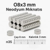 ÇOK SATAN 1 Adet 8x3mm Yuvarlak Neodyum Mıknatıs Güçlü Nikel Kaplamalı Kaliteli Dayanıklı Magnet