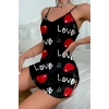 ÇOK SATAN Love Desenli Siyah Saten Gecelik