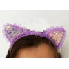 Kenarları Dantelli Mor Pullu Payetli Led Işıklı Kedi Kulak Taç 17x19 Cm