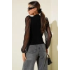 TAVSİYE EDİLEN GÜVENLİ SATICI Dik yaka tül kollu bluz siyah t3066