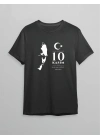 10 Kasım Atatürk Anma Günü Silüet Baskılı Oversize Bisiklet Yaka T-shirt - Siyah