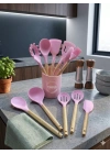 12 Parça Bambu Saplı Silikon Mutfak Gereçleri Seti - Pembe Mutfak Servis Seti