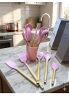 12 Parça Bambu Saplı Silikon Mutfak Gereçleri Seti - Pembe Mutfak Servis Seti