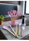 12 Parça Bambu Saplı Silikon Mutfak Gereçleri Seti - Pembe Mutfak Servis Seti
