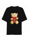 14 Şubat Sevgililer Günü I Love You Ayı Baskılı Oversize Bisiklet Yaka T-shirt - Siyah
