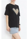 14 Şubat Sevgililer Günü Leopar Kalp Baskılı Oversize Bisiklet Yaka T-shirt - Siyah